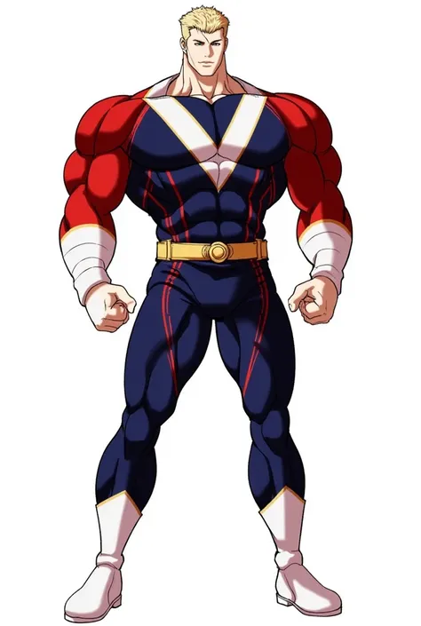 Lookism, A character from "Lookism" A muscular blonde superhero stands in a dynamic pose, wearing a form-fitting navy blue and red costume. His suit features a white V-shaped panel across the chest, gold trim accents throughout, and a golden belt. He has w...