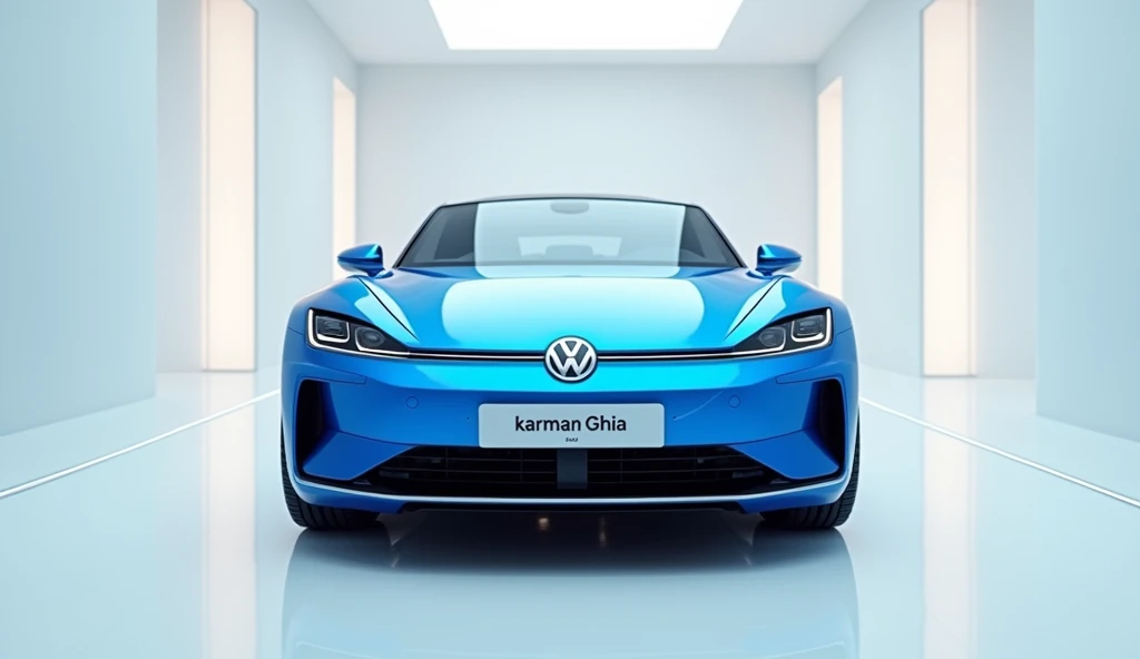 A captivating and futuristic image of the (2025 Volkswagen karman Ghia ) is displayed in a luxurious white showroom. The car is painted in a striking vibrant ( blue COLOUR) hue, emphasizing its sleek, aerodynamic design with bold accents that highlight the...