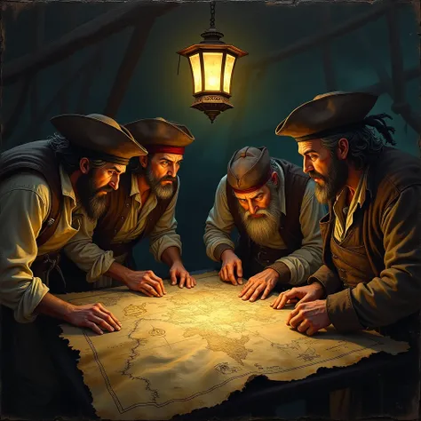 everything is happening in the hold of a ship, Pirates are leaning over a large old map, a bat lantern is hanging over the map, oil painting with a pronounced texture of large brushstrokes, craquelure