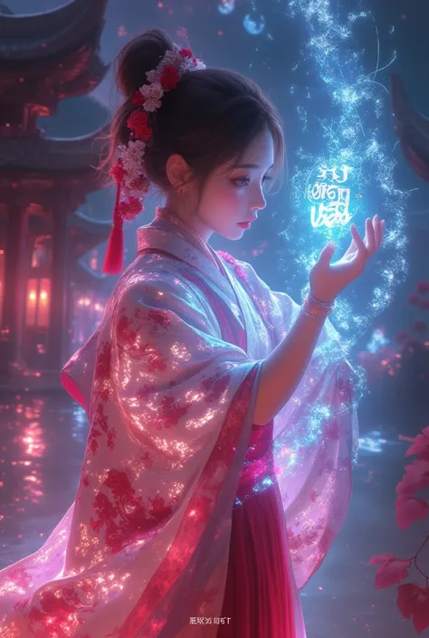  A girl dressed in Yukata ,  Creates magical symbols and handwriting, magic, magic,  intricate details, bright colors,  masterpiece fails,  maximum quality ,  better quality , 8 k, Background Ancient China ,