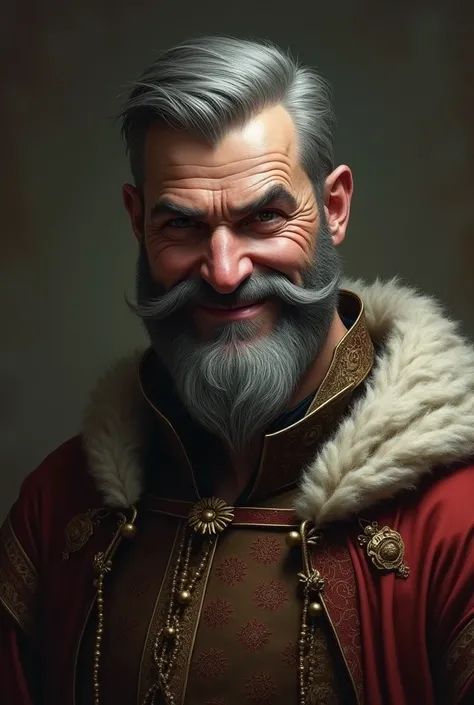 A man about 32-33 years old, with a disturbing smile that hides his emotions, very short gray hair, a full beard, dressed like medieval nobility.