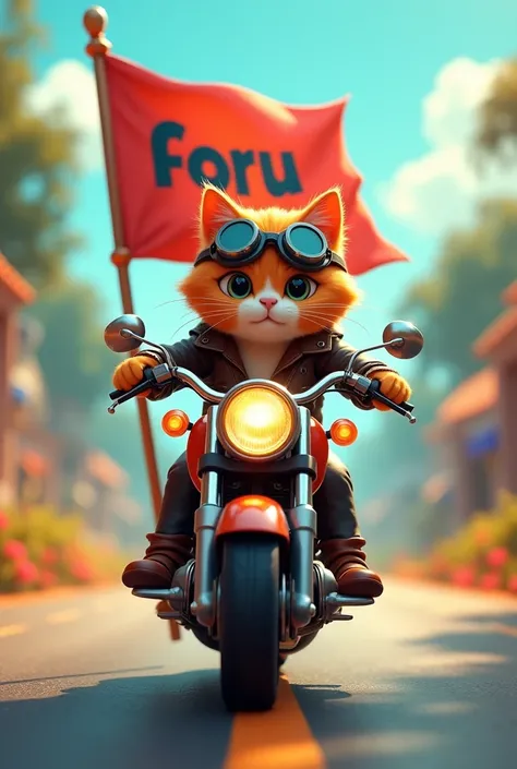 Animated cat riding a motorcycle with a flag that says foru