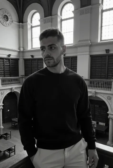 "A black-and-white photograph captures a young man standing on a mezzanine level of a grand, historic library. He wears a dark, oversized sweatshirt paired with tailored light trousers, combining a casual yet polished style. His posture is relaxed, with on...