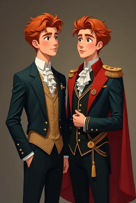  Two young princes brothers , Handsome,  twins with red hair.  The older one wearing formal attire for a meeting , of a confident character ,  slim build pero fibra, maduro.  The younger one wearing a noble outfit careless as someone more immature and rebe...