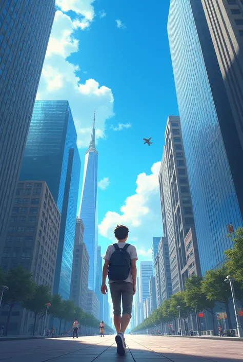 The  is walking on the sidewalk ,  looks at the tall building and feels excited about its future.** * The bright blue color of the sky against the backdrop of a large city full of 