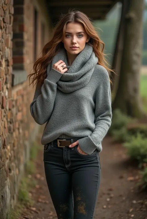 Photo dune belle jeune femme européenne. Cheveux châtains, yeux clairs. Elle porte une tenue décontractée mais assez chaude. un pull gris en laine, un jean noir, une très large écharpe de laine autour du cou et des bottes en caoutchouc de ferme. Full body ...