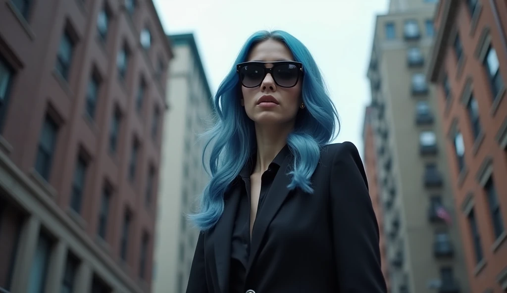 Meryem, she has blue hair and blue eyes. She wears dark black sunglasses. She is an agent and wears a black, elegant and functional suit. She looks like a real agent. She is the most beautiful woman in the history of mankind. She has the most beautiful fac...