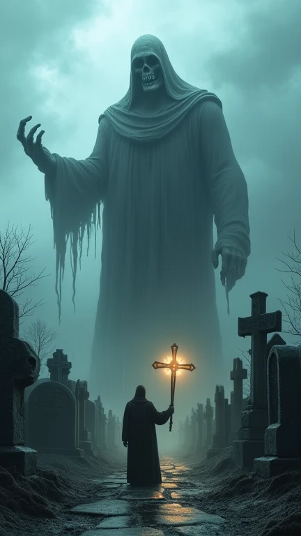 Horde of Ghouls Around a Monolithic Statue
"A sprawling graveyard consumed by fog and rain, with a towering statue of a hooded figure at its center. Ghouls of varying sizes claw their way out of the wet earth, surrounding the monolith. One massive ghoul, i...