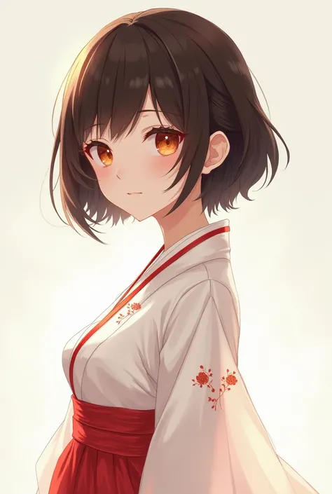  anime girl image,  short dark brown hair, orange eyes, light skin,  medium breasts ,  slim body,  She measures 159 cm  , He wears a traditional white Hanbok with red details..