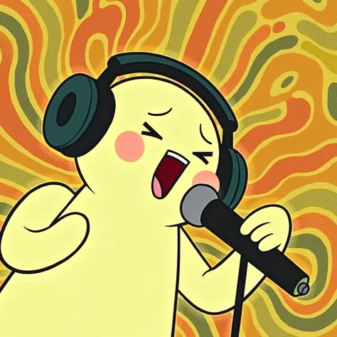 A stylized, cartoon character, light yellow/pale beige in color, is depicted singing into a microphone. The character is wearing large, dark headphones and its expression is energetic, with a wide open mouth and slightly squinted eyes.  The character has r...