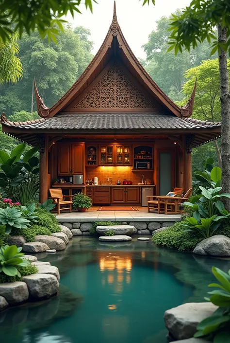 Small house, Thai kitchen in the middle of the house and garden in the middle of the house Behind the house there is a pond.