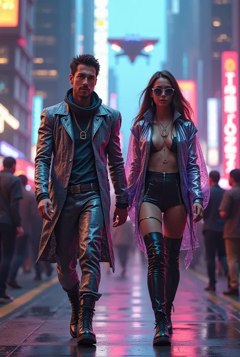 A man and woman on the street going to a party wearing clothes designed for women and men in 2040.