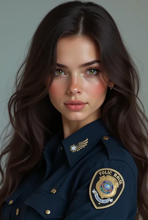  Half-body portrait , BRUNETTE and beautiful girl ,  slightly wavy and long dark brown hair,  the girl is a cop and wears her uniform , He has a faint smile with no teeth in his expression,  realistic 