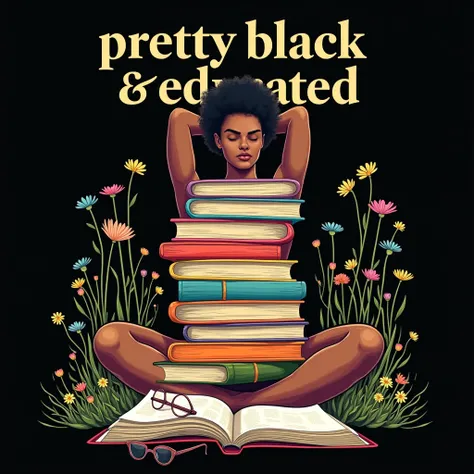 black background,hyper-realistic,hand drawing,vibrant painterly T-shirt design of a black figure (woman) sitting cross-legged behind a tall stack of colorful books.The figure should be depicted as a solid silhouette in earth tones (brown and black) with th...