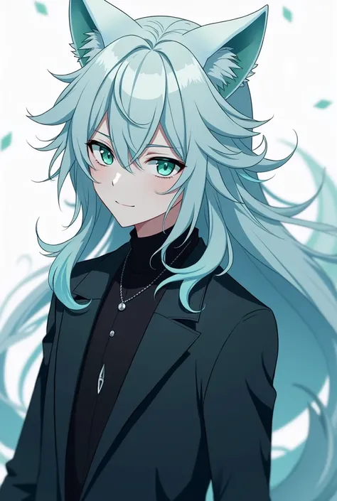 man, Wolf boy anime,  long light blue and white hair , mint green eyes ,   white skin  .  black coat , expression would be, man,  male . wolf tail and ears