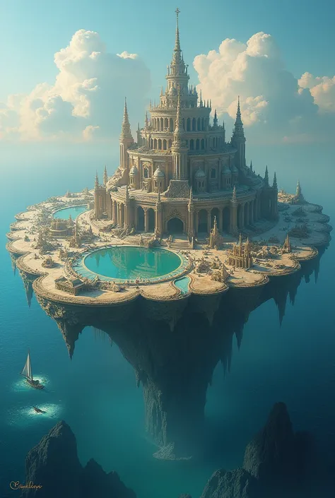 Create a large floating island in the sea, which is like Atlantis on a clam , In the middle that there is a beautiful shining palace and a beautiful city on the sea and that is quite large as an empire and that is even bigger and that is quite extensive sh...