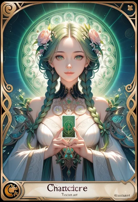 (masterpiece, top quality, best quality, official art, beautiful and aesthetic:1.2), (1girl:1.3), (fractal art:1.3), card, tarot, green hair, twin braids, hair flower, (good lighting:1.1), ((highres)), Tarot card style