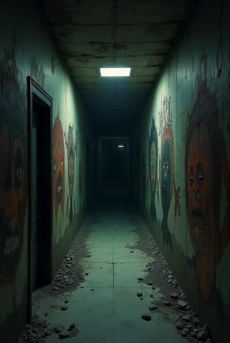 **"A dimly lit hallway filled with strange, unsettling murals on the walls, and a thick, unnatural darkness engulfing the scene."**