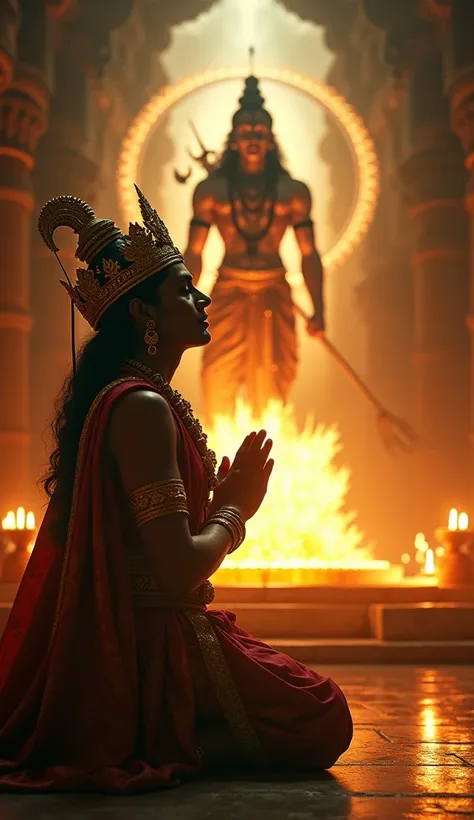 A cinematic, ultra-realistic portrait of Raja Raja Chola, the legendary South Indian emperor, in a dramatic scene of devotion to Lord Shiva. The composition captures Raja Raja Chola kneeling before a colossal, glowing Shiva Lingam, his hands folded in deep...