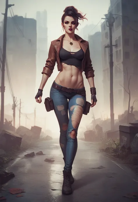 Very pretty zombie girl , Living Dead Sexy Girl,  with her clothes torn ,  realistic style , post apocalyptic world,  decaying skin,  lost look , walking,  full body , 