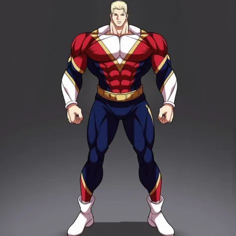 Lookism, A character from "Lookism" A muscular blonde superhero stands in a dynamic pose, wearing a form-fitting navy blue and red costume. His suit features a white V-shaped panel across the chest, gold trim accents throughout, and a golden belt. He has w...