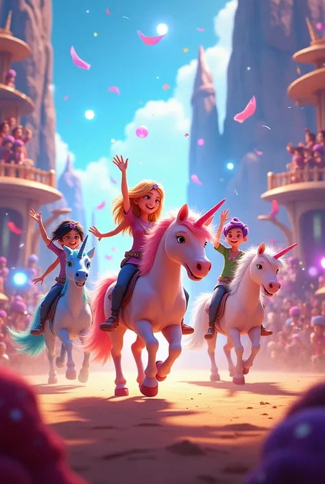 In cinematic 3d cartoon style What celebrations take place to honor the 5 unicorns and their riders
 1 unicorn:
Zoya and rambow lightning powers unicorn 
2 unicorn: 
Hamza and flame fire unicorn 🔥
3 unicorn :
Ainas personality and frozen unicorn 
4 unicorn...