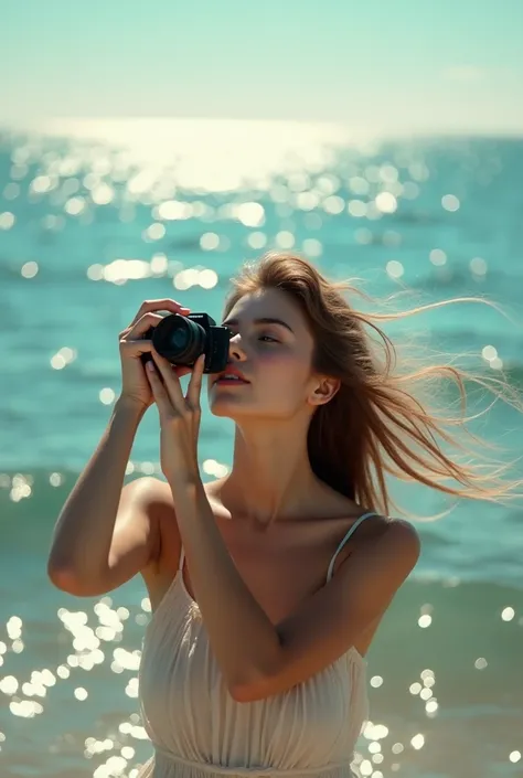 Beautiful girl on looking at sea and takes photo from left hand side with zooming with little black editing