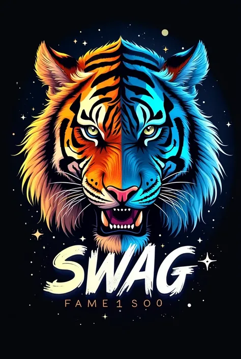 "Half tiger face with sharp and glowing features on one side, bold SWAG typography with cosmic moonlight effects on the other side, glowing specks resembling stars, neon blue and orange colors on black background, modern and artistic T-shirt design."