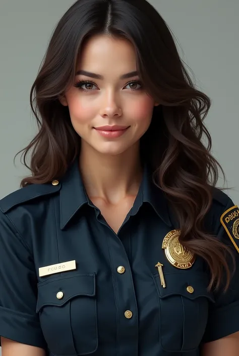  Half-body portrait , Beautiful brunette woman,  slightly wavy and long dark brown hair,  the girl is a cop and wears her uniform , He has a faint smile with no teeth in his expression,  realistic 