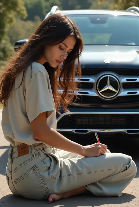 Let a brunette girl sitting in front of Mercedes GLS 650 write the inscription MIRROR on the back baggy pants
Shirt hair get long realistics fotoraf