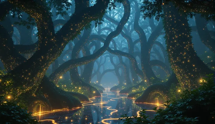 Hyperdream. A swamps rainforest where the leaves shimmer like liquid gold and rivers flow with water that glows softly in the dark night, glowing fireflies,dense foliage, serene creek, towering trees, soft blue hues,warm lighting,shining stars, mystical at...