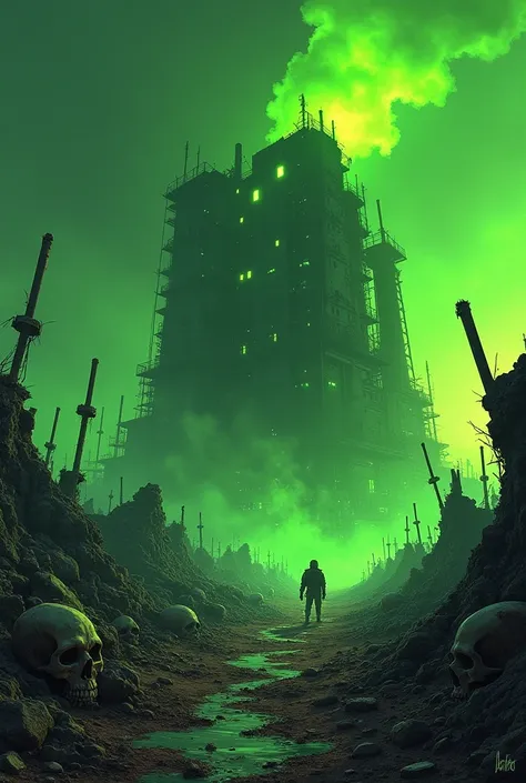 Modern battlefield, thrash metal, nuclear factory, skulls, green toxic color, comic picture