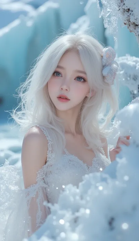 1girll,(Snow,Ice), snowflower, In winter, White hair, Shiny hair, Wavy hair, Transparent clothes, frilld, Lace, Wet clothes, Off_Shoulder, hair scrunchie,Masterpiece, Telephoto lens, absurderes, Exquisite facial features,Artistically the most beautiful nip...