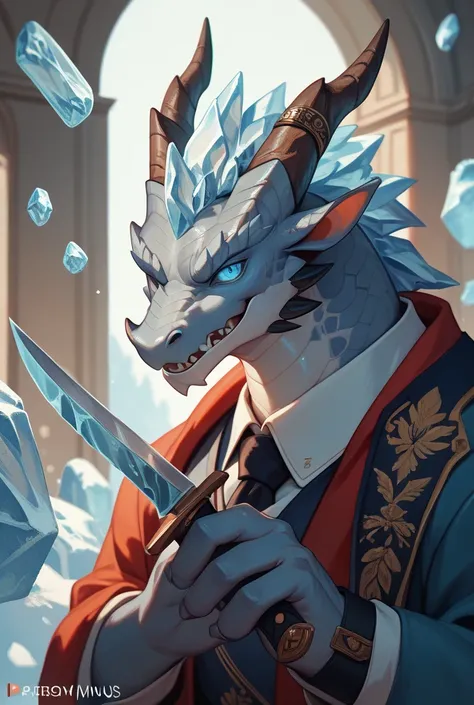 dragon，gray scales，Holding a long knife，Surrounded by ice，, ice blue pupils， strabismus