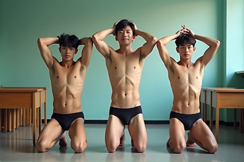 Three 18-year-old Asian male teenagers, wearing only panties, pose kneeling in the classroom, put their hands up above their heads and look weak.