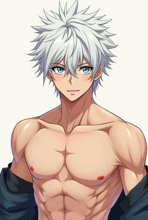 A single male anime character with white hair, blue eyes, white skin, handsome looks, topless, has a boastful habit of seeing images from head to toe.