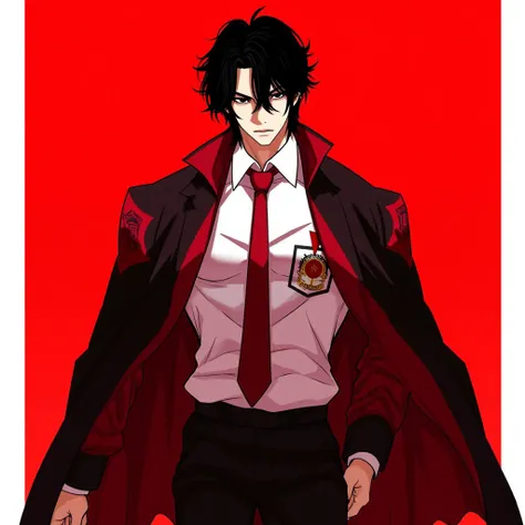 Lookism, A character from "Lookism" webtoon A striking brunette man in an japanese school uniform stands against a vivid red background. He wears a gang coat around. his expression is stern and Commanding, professional character concept art, full body view...