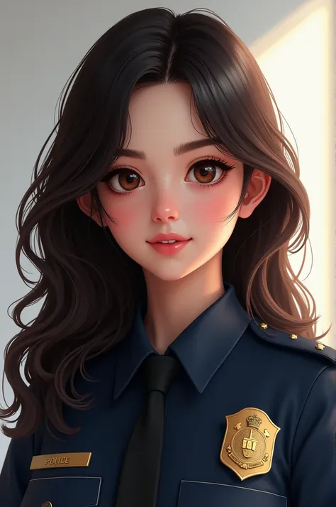  Half-body portrait , BRUNETTE and beautiful girl , slightly wavy and long dark brown hair ,  the girl is a cop and has a slight smile with no teeth in her expression,  realistic 