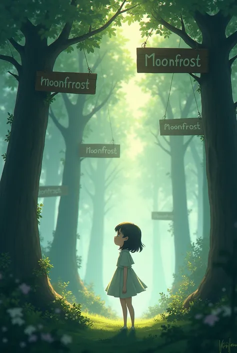 An animated girl in the middle of a forest with placards hanging from the trees that read Moonfrost