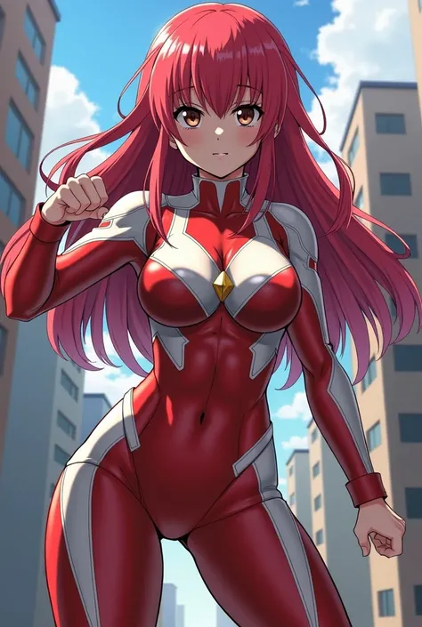 My Hero Academia Style , Anime girl, female, young female ,Full Body Shot,(fighting pose:1.3),Long hair, Red Hair,  Brown Eyes,Hero Suit, Full Body Suit, red suit with white details, perfect anatomy,  Enhanced Abs,super detailed,(Buildings:1.2）