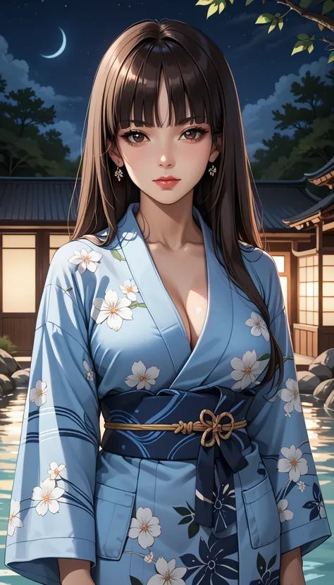 score_9, score_8_up, score_7_up, source_anime, 4n1v3rs3, rating_safe, BREAK nishizumi shiho, 1girl, mature female, blunt bangs, long hair, brown hair, straight hair, brown eyes,Japanese clothing, yukata, dark blue yukata, white floral pattern, hot spring i...