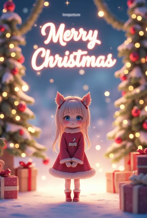 Christmas style, background display girl name Vihuu, and background display merry Christmas, realistic,4k,HD,anime girl stand floor