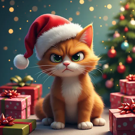 Create a humorous Christmas-themed image showing a grumpy cat wearing a Santa hat surrounded by festive decorations, such as Christmas lights, a decorated tree, and presents. The cat should look annoyed, and the text should say, All I Want for Christmas is...