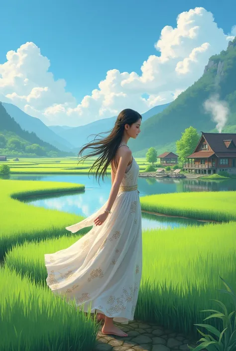  I want to make a story about a beautiful village girl , wearing a beautiful dress walking in the rice paddies and enjoying the cool suana,as well as full of beauty .