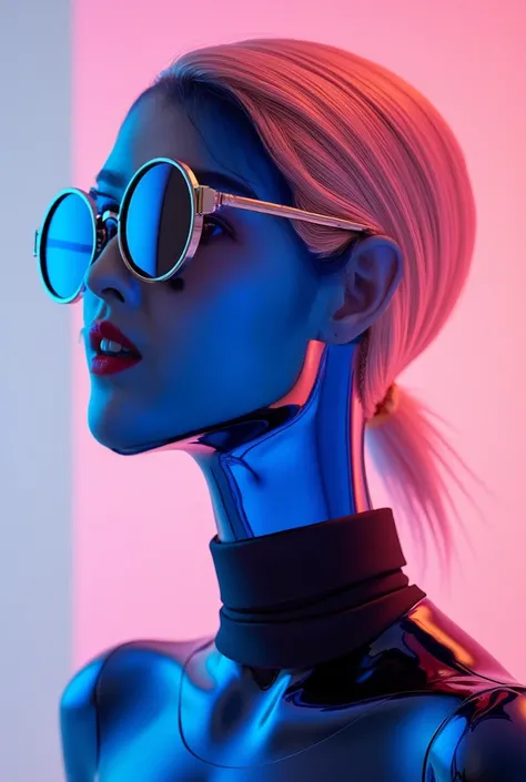 /I art collection style and fashion shoot, in the style of made of glass, dark blue and light pink, paul rand, solarpunk, camille vivier, beth didonato hair, barbiecore, hyper-realistic --ar 99:128 --s 250