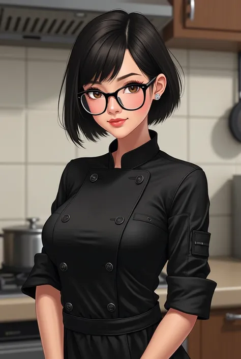 masterpiece, best quality, ultra-detailed, illustration, Caucasian woman, glasses, small breasts, black chef uniform latex texture, black hair, indoors, kitchen.