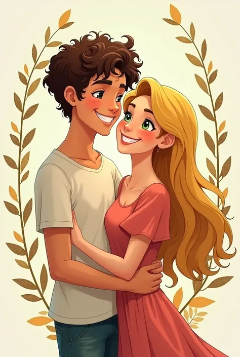 Couple heureux grand sourire, garçon cheveux bouclés marron foncé et fille aux blonds lisses et yeux verts, dessins version dessin