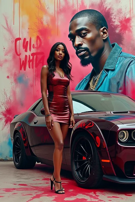 HYPER REALISTIC DETAILED OF A American woman with big breast. WEARING a  Miami Heat jersey dress  SHE STANDING next to 2024 Demon Dodge Charger scat with 24 rims A PAINT IMAGE OF Tupac ON THE Wall CLEAR AND CLEAN DETAILED  A shocking colorfully dramatic wi...