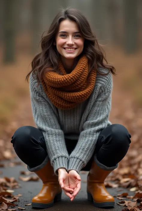 Photo dune belle jeune femme européenne. Cheveux châtains foncés, yeux clairs. Elle porte une tenue décontractée mais assez chaude. un pull gris en laine tricotée, un jean noir, une très large écharpe de laine marron autour du cou et des bottes en caoutcho...