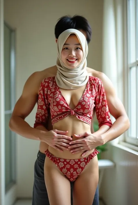 55 years old  ,  japanese woman  , Wearing a cream colored pasmina hijab , 
Wearing tight red batik motif  ,and ((  wearing a cream color thong model panties ))), pretty face, red lips , smile (( turns to the camera )) ,  round big boobs , large round butt...